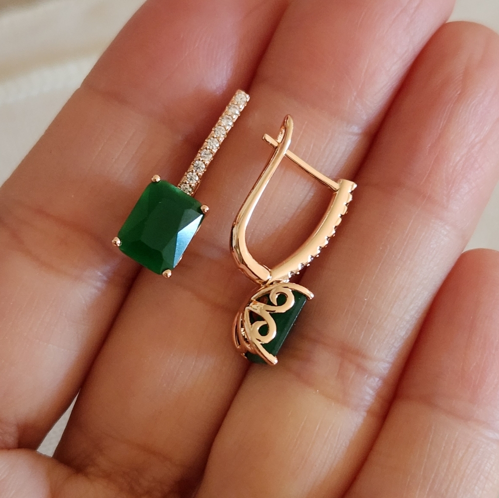 New 14K Gold Plated Emerald Cut Emerald Diamond Hoop Earrings for Women
